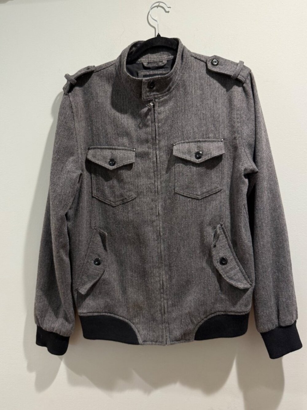 Twenty One Men Gray Herringbone Military Bomber Jacket Medium Minimalist Staple